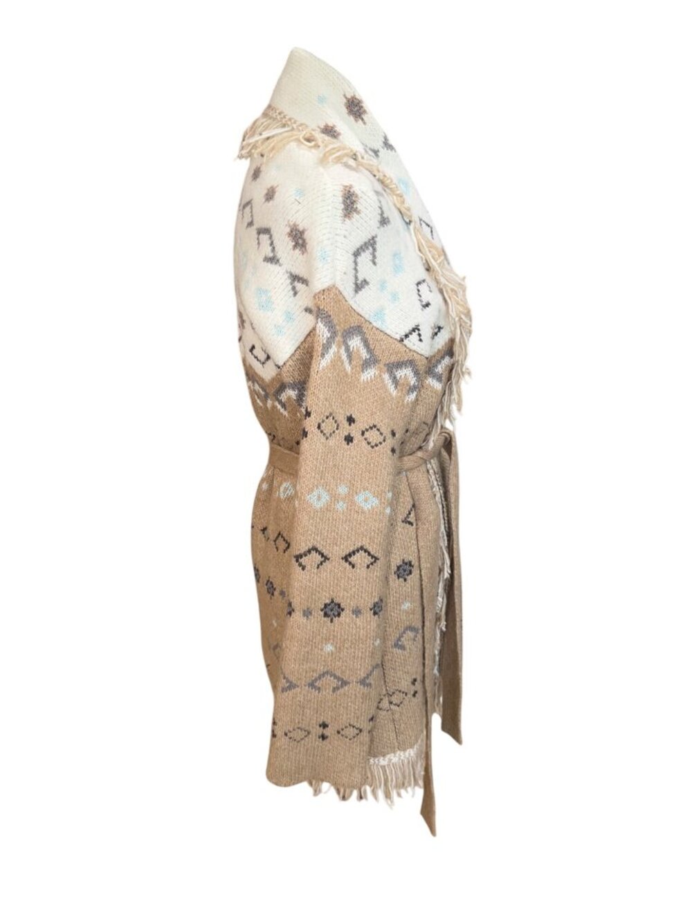 Lucky Brand Womens M Fringe Open Cardigan Sweater Southwestern Beige Aztec Belt - Picture 6 of 12